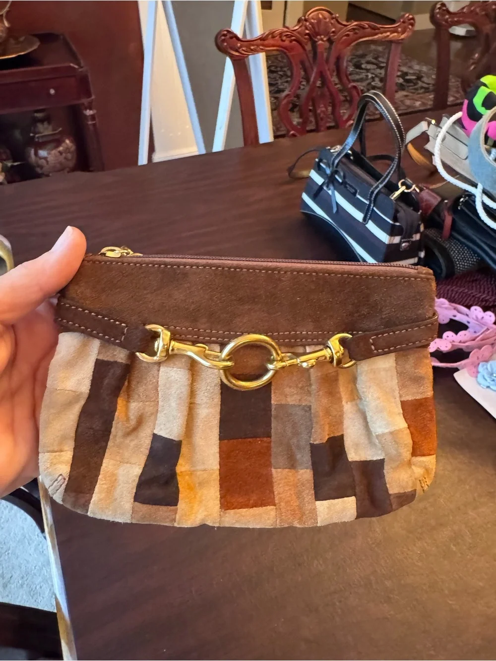 vintage Coach Hamptons Mosaic patchwork suede wristlet brown brass